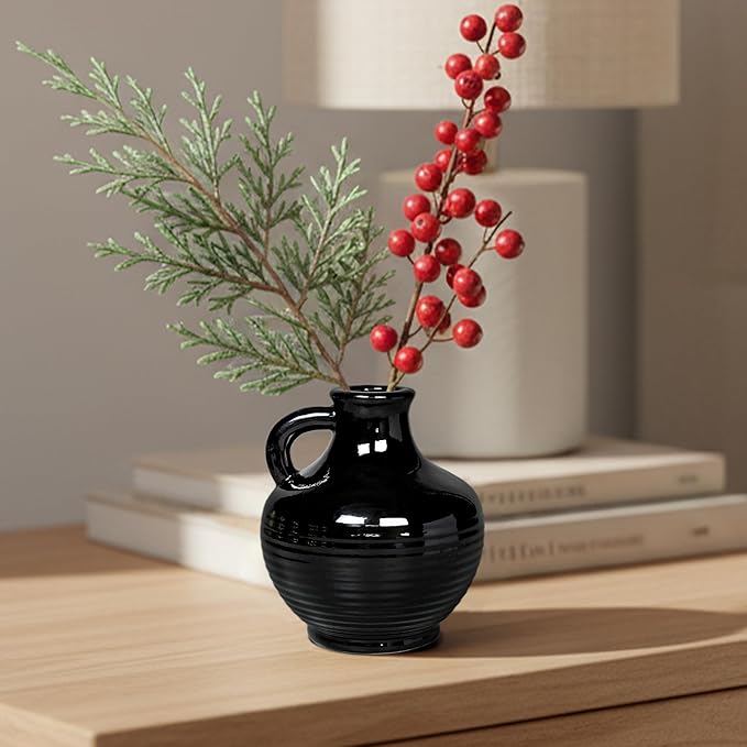 Sunddo Black Ceramic Vases Home Décor- 6 Inch Small Modern Decorative Vase with Handle, Black Decor, Table Mantle Fireplace Living Room Bathroom Wedding Centerpiece