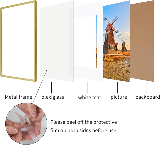 16x20 Metal Frames Set of 2, 16 x 20 Aluminum Photo Frames with 11x14 Mat - Sawtooth Hangers, Spring Clips for Wall Mounting Horizontal and Vertical(Gold)