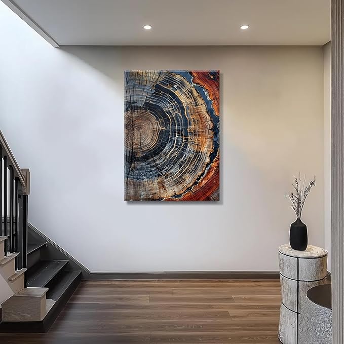 IBHJSART Framed Tree Ring Canvas Wall Art Vintage Colorful Wood Stump Painting Prints Modern Minimalist Pictures Neutral Nature Rustic Farmhouse Decor Living Room Bedroom Bathroom Office