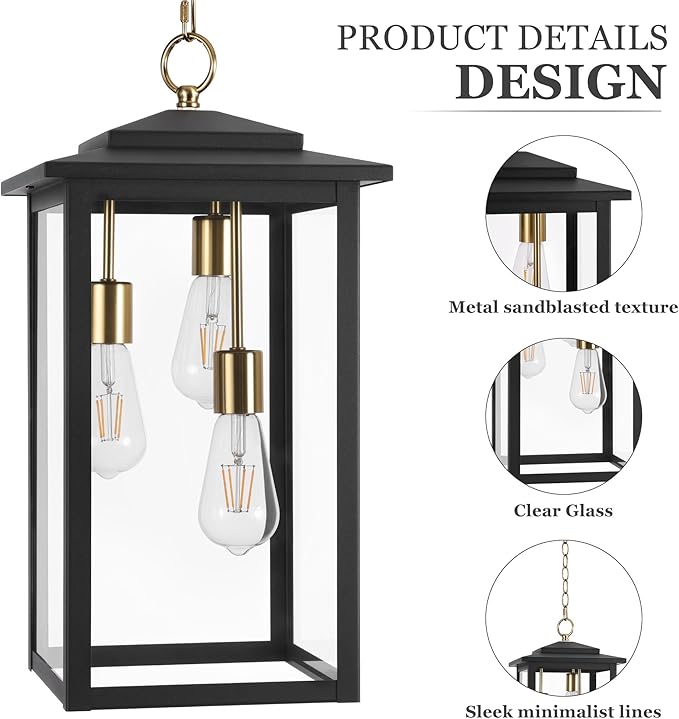 LamQee Large Outdoor Pendant Lights, 3-Lights Black and Gold Outdoor Chandelier Lighting Fixture, Modern Exterior Ceiling Hanging Lantern with Glass, for Porch Front Door Patio Gazebo Entryway Foyer