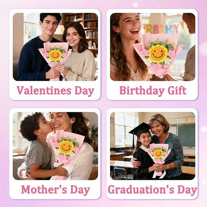Hand-Woven Flower Bouquet Finished（1pcs） for Mother Girlfriend Birthday Gift Wedding Decoration Crochet Artificial Flower, Bouquet Gift (Smile Sunflower)