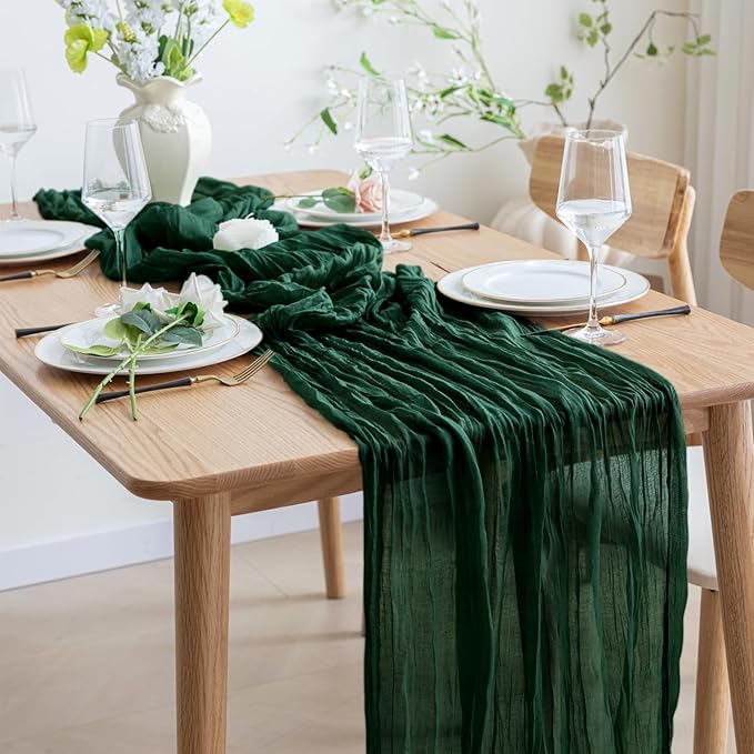 Asee'm 12PCS Table Runner Cheesecloth Christmas 10FT Emerald Green Boho Gauze Fabric Rustic Sheer Cheese Cloth Runners for Wedding Bridal Shower Party