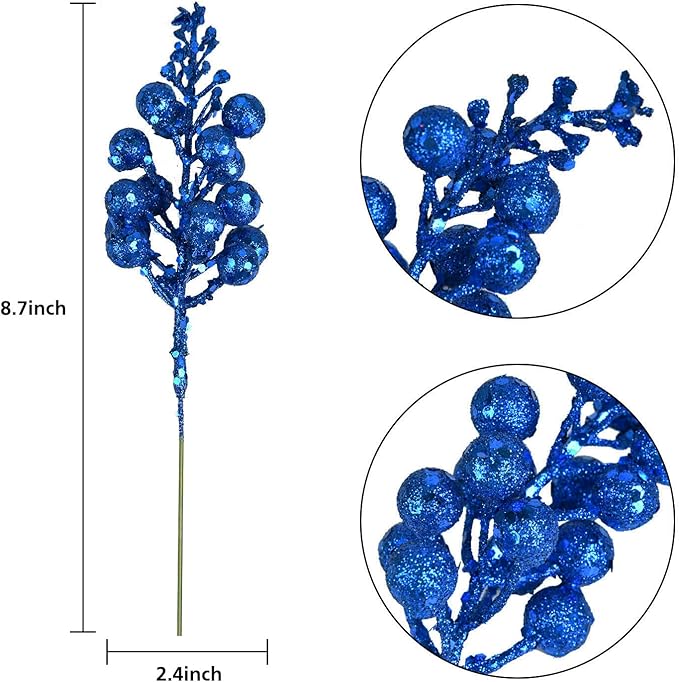 DearHouse 14 Pack Christmas Glitter Berries Stems, 7.8Inch Artificial Christmas Picks for Christmas Tree Ornaments, DIY Xmas Wreath, Crafts, Holiday and Home Decor (Dark Blue)