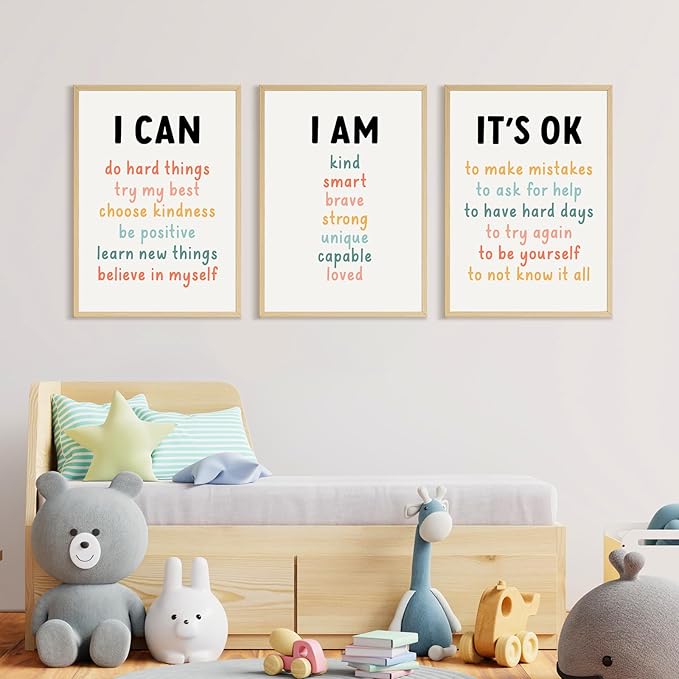 Kids Affirmation Wall Art Positive Canvas Wall Decor Inspirational Quotes Wall Art Motivational Words Pictures Daily Affirmations Poster Nursery Prints for Playroom Children Room 12x16x3 Inch Unframed