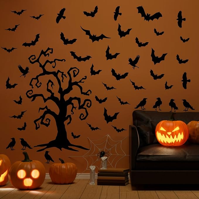 Giant Halloween Window Decals Bats Stickers Halloween Tree Window Stickers Halloweens Wall Decor Decals Peel and Stick Black Crow Branch Vinyl Sticker for Haunted House Party Supplies Windows Decor