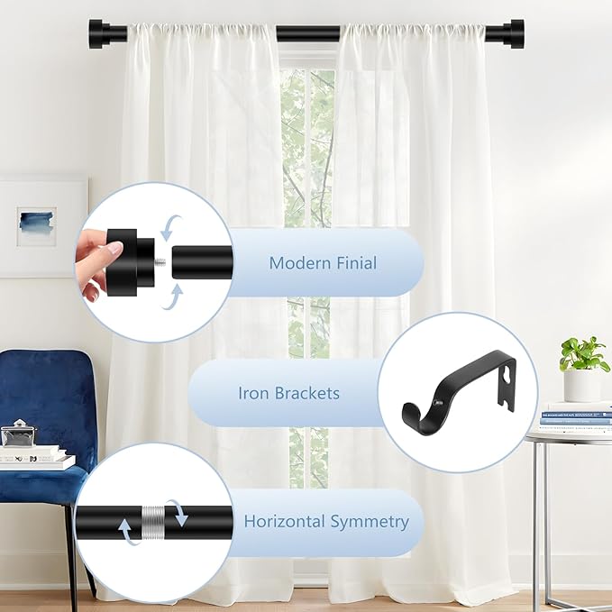 HEI! DEAR Black Curtain Rods for Windows 28 to 48 Inch(2.3-4ft), 1Inch Heavy Duty Curtain Rods, Adjustable Curtains Rod, Modern Decorative Drapery Window Rod, 30-58", Matte Black