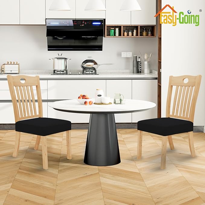 Easy-Going 100% Waterproof Seat Covers for Dining Room Chairs, Stretch Jacquard Chair Seat Slipcovers Removable and Washable Kitchen Dining Chair Covers (Set of 2, Black)