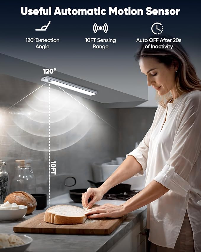 Under Cabinet Lights, LED Battery Operated Rechargeable Motion Sensor Lights Indoor, 6500K Magnetic Dimmable Closet Lights, 1500mAh Wireless Under Counter Night Lights for Kitchen, Stair, 3 Packs
