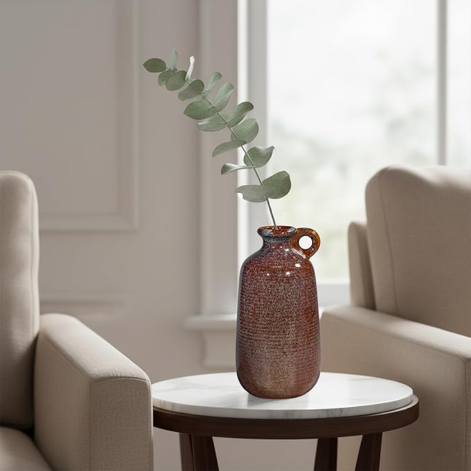 Sunddo Brown Ceramic Vase for Home Decor-10 Inch Rustic Decorative Vase with Handle, Mantle, Fireplace, Coffee Table, Shelf for Living Room