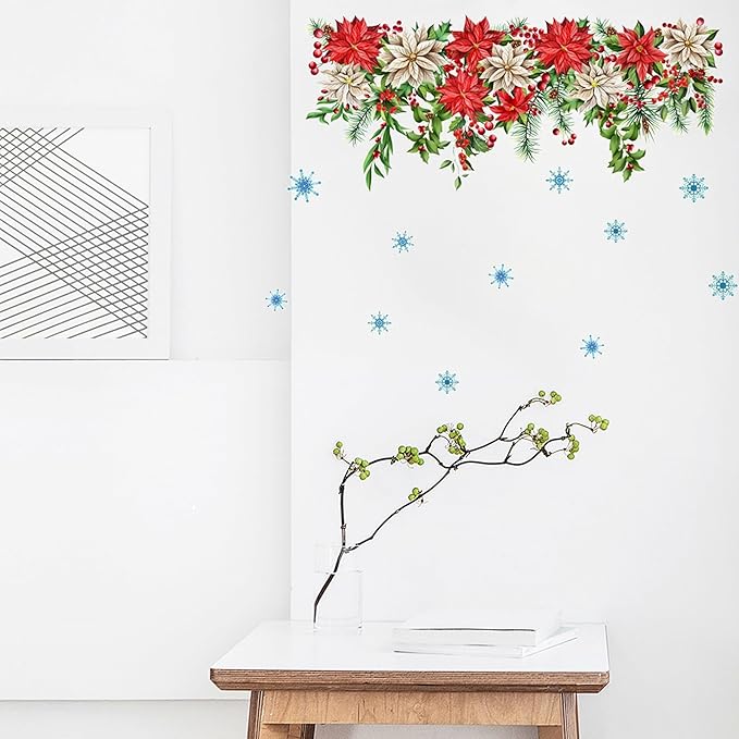Christmas Wall Stickers Decor- Flower Wall Decals Peel and Stick Xmas Santa, Reindeer, Gifts Removable Wall Art for Home Party Office Classroom Winter Holiday (A)