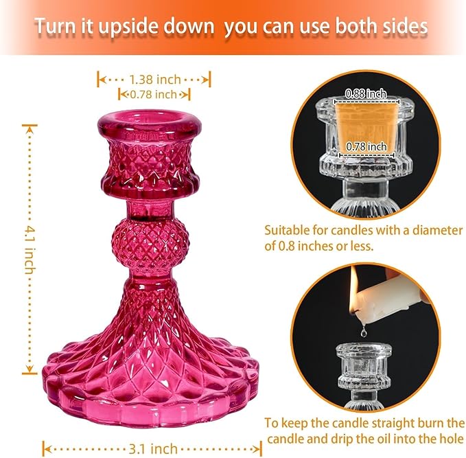 Glass Candlestick Holder,Striped Taper Candle Holders,Set of 6 Candle Stand for Table Centerpieces, Home Decor,Weddings,Festival and Parties (GCH002-Purple Dimond)