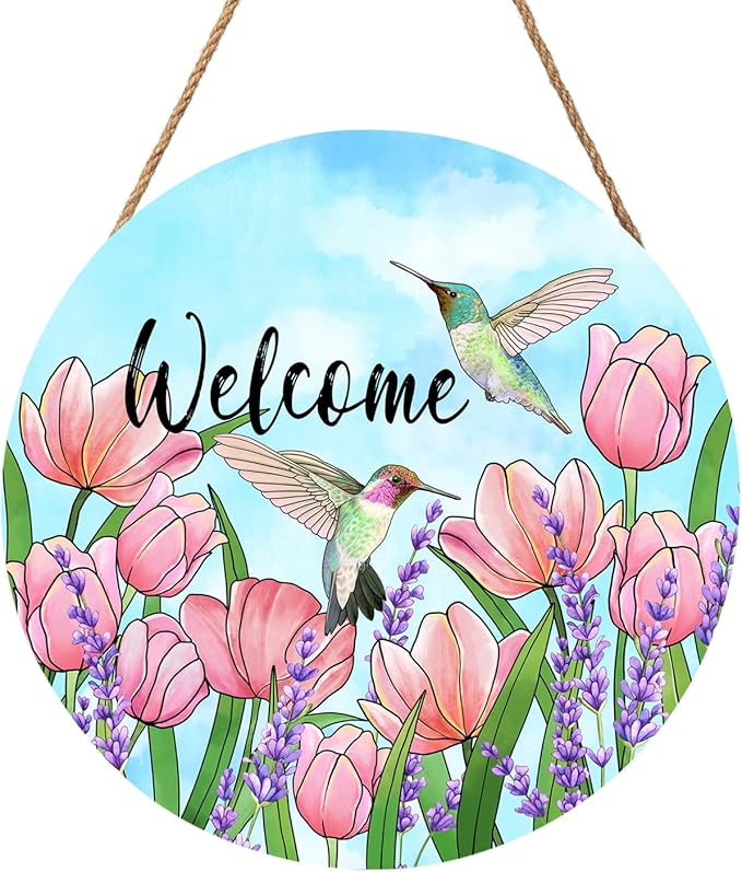 Welcome Spring Hummingbirds Sign for Front Door Decor Spring Floral Wood Door Hanger Sign Spring Summer Decorations Seasonal Farmhouse Wreath Wall Hanging Sign for Home Outdoor Outside Porch 12”x12”