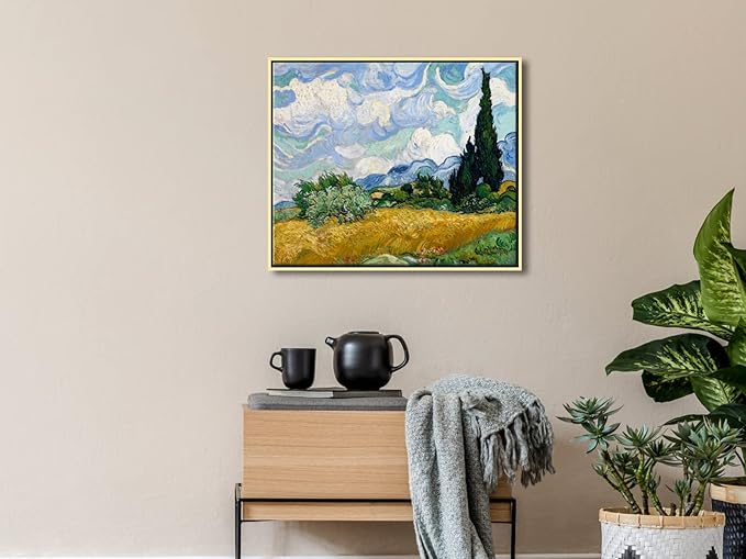 Wieco Art Framed Canvas Art Wheat Field with Cypresses by Van Gogh Impressionist Landscape oil Paintings Canvas Prints Artwork Wall Art for Living Room Home Office Decorations