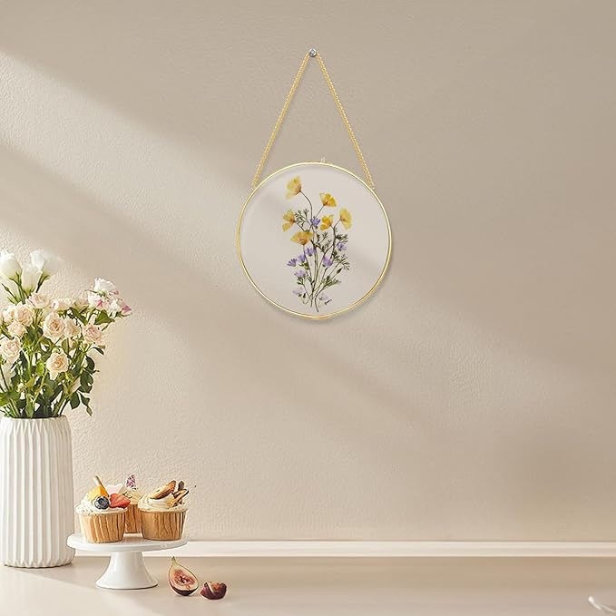 FOCHIER F Pressed Flower Frames with Tweezers, Wall Hanging Tabletop Display Double Glass Round Frames with Metal Chain for Pressed Dried Flowers Plants, Horizontal and Vertical Picture Frame, Golden