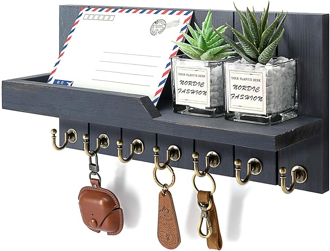 Pine Wood Key Holder Wall Mount for Home Decor - Stylish Key Holder for Wall with Shelf and 7 Key Hooks for Mail Organizer - Rustic key organizer for House & Apartment Essentials(Royal Blue,15-inch)