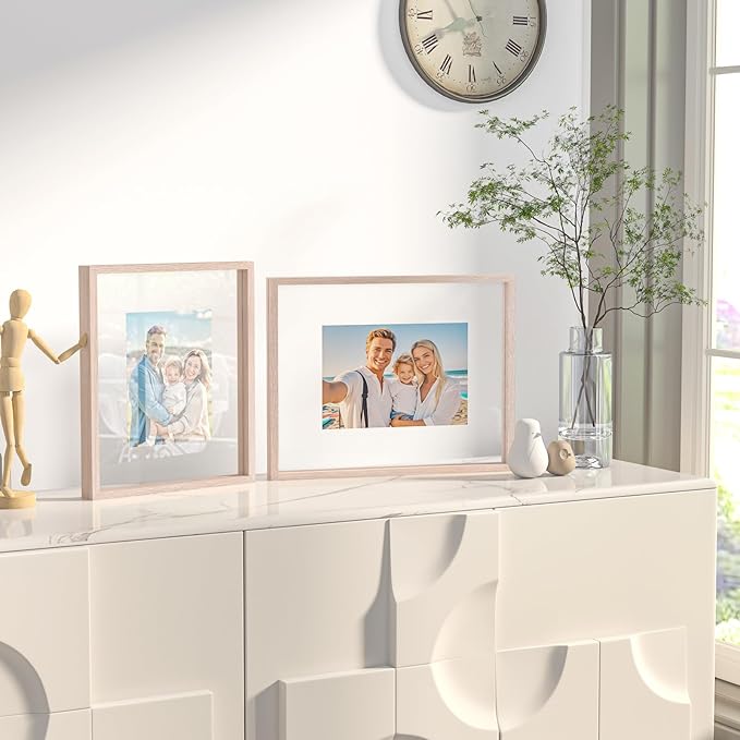 Egofine 8x10 Floating Frames Set of 2, Double Plexiglass Picture Frame, Made of Solid Wood Display Any Size Photo up to 8x10, Wall Mount or Tabletop Standing, Rose Pink