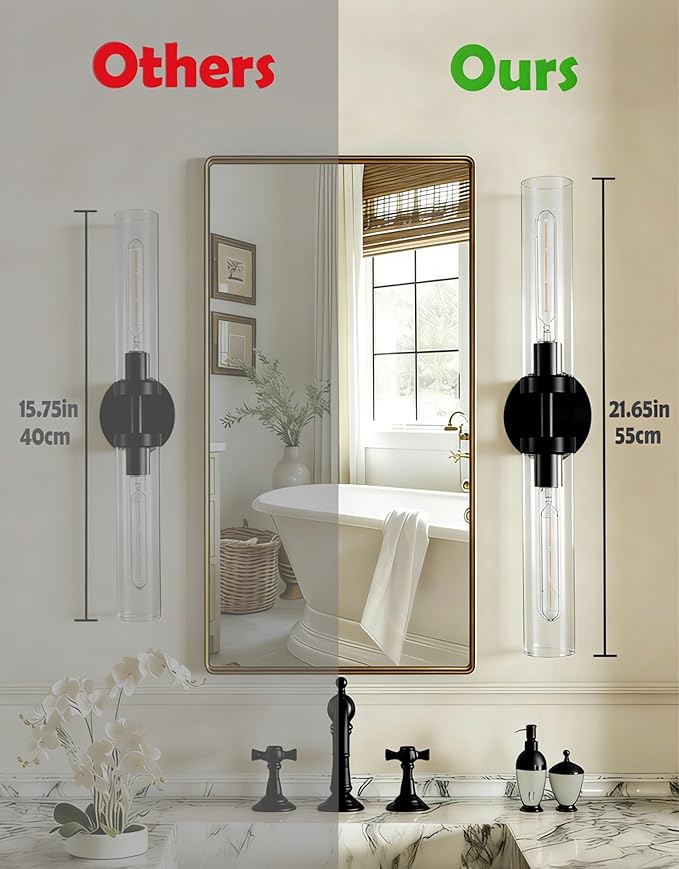 AT-VALY Wall Sconces Set of Two,Vanity Light Fixtures with Clear Glass,Modern Sconces Wall Decor for Bathroom, Living Room Mirror (Matte Black)