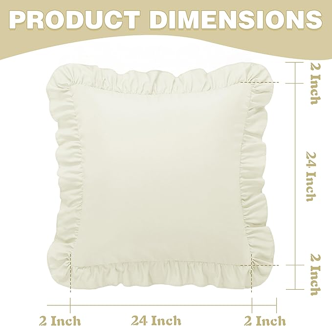 KKJIAF Ruffle Pillow Cases 24x24 Inches, Beige Square Ruffled Pillow Covers Set of 2, Microfiber Wrinkle Resistant Pillow Shams with Envelope Closure for Sofa Bed Living Room