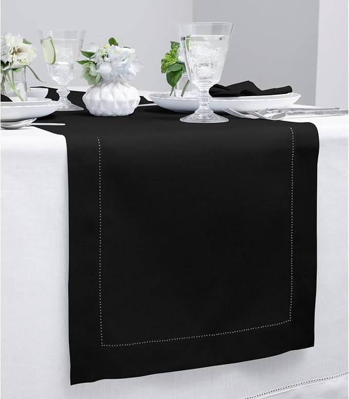 Solino Home Linen Black Table Runner 120 Inches Long - 100% Pure Linen 14 x 120 Inch Table Runner for Spring, Easter - Classic Hemstitch