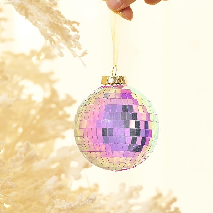 WDS WONDROUS Christmas Disco Ball Ornaments Set of 12 – 3.14” Colorful Xmas Tree Decorations with Iridescent Laser Effect, Glass Christmas Ornaments for Indoor Party Decor Holiday