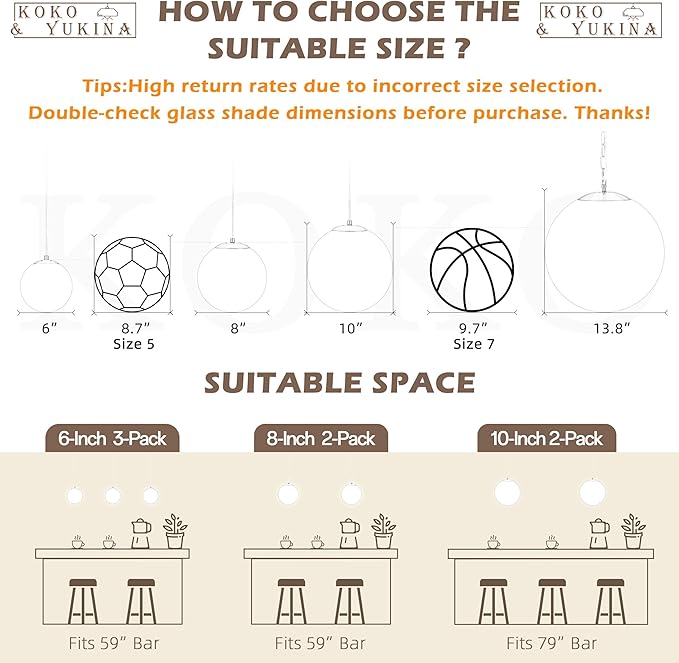 KoKo&Yukina 6 Inch Globe Pendant Light White Globe Pendant Lights Kitchen Island Mid Century Light Fixture with Milky White Glass Shade for Dining Room (2 Pack)