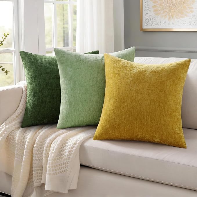 decorUhome Chenille Sage Green Christmas Throw Pillow Covers 24x24 Inch Set of 2, Decorative Soft Couch Pillow Covers Solid Dyed Accent Farmhouse Neutral Square Pillow Cases for Sofa