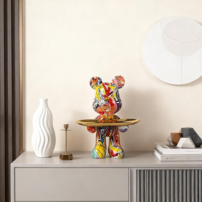 Bear Statue Resin Tray Sculpture for Home and Office Decor, Suitable for Bedroom, Living Room, Office on Table, Desktop, Shelves and Cabinet (Graffiti)