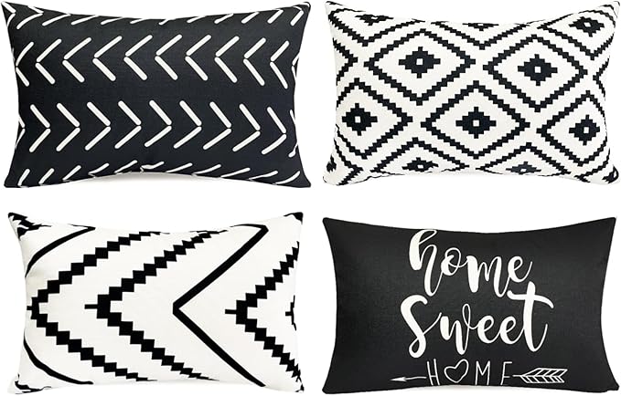 Decorative Throw Pillow Covers 12x20 inch Set of 4 Black White Pillow Covers for Couch Sofa Bed Living Room,Farmhouse Outdoor Throw Pillow Cover,Geometric Linen Square Throw Pillow Cases