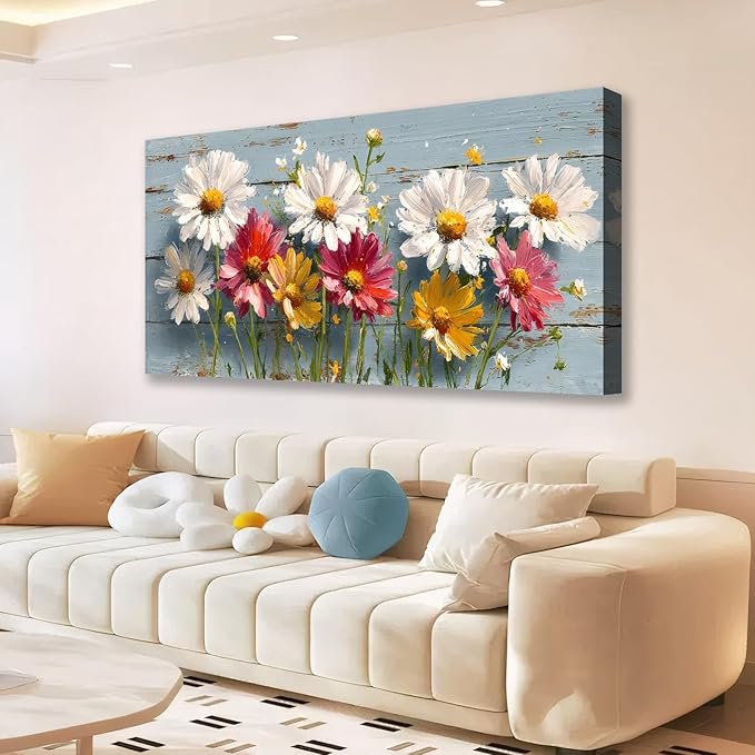 KZKU Rustic Daisy Floral Canvas Wall Art-White Pink Yellow Flowers on Blue Wood Background- Large Modern Farmhouse Decor for Living Room Bedroom24X48in