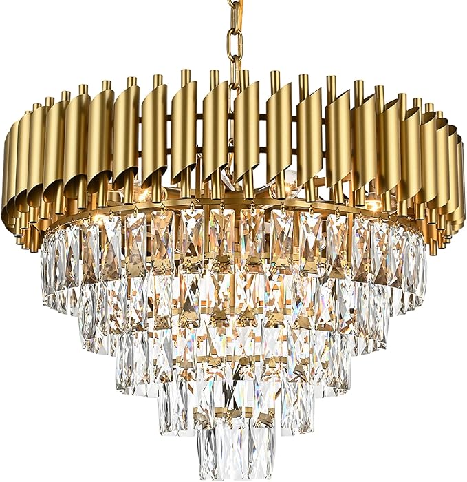 11-Light Modern Round Crystal Chandelier Lights, 5 Tiers Luxury Pendant Ceiling Light, 23.6" Crystal Chandeliers Lighting for Dining Living Room Kitchen Island Bedroom Foyer Hallway (Gold)