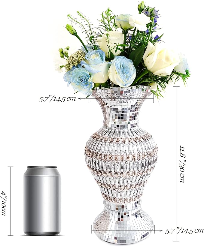 Large Ceramic vase, 30 cm, Inlaid with Rhinestones, Luxury, Vintage Silver vase for Home Decoration, Suitable for Living Room, Bedroom, Kitchen, Table Centerpiece.