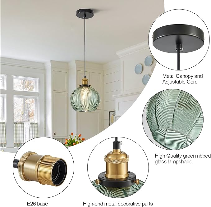 7.8in Vintage Pendant Light 1- Light Kitchen Sink Pendant Lights with Green Hand Blown Glass Small Hanging Lamp for Kitchen Island Dining Room Bedroom Bathroom Hallway E26