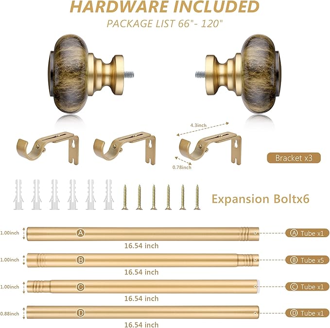 Gold Curtain Rods for Windows 66 to 120 Inches,Adjustable 1 Inch Heavy Duty Drapery Curtain Rods with Marbled Finials for Bedroom,Living Room