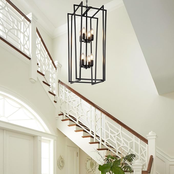 8-Light Tiered Lantern Pendant Light Fixtures,Large Foyer Chandeliers for High Ceilings,Industrial Foyer Lighting Fixtures,Long Chandeliers for High Ceilings,Farmhouse Chandelier for Entryway, Black