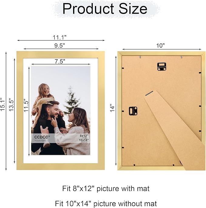 10x14 Picture Frame Set of 2, 10 x 14 Wood Photo Frames with Mat for 8x12 or 30x40cm Diamond Painting Art, Wooden Frame with Real Glass Cover for Wall and Tabletop Display,Gold