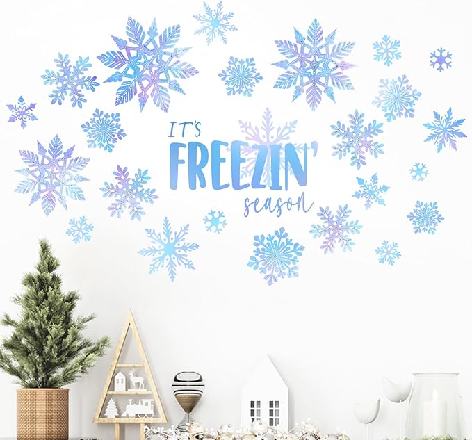 Mfault Winter Blue Snowflake Wall Decals Stickers, It's Freezin' Season Snow Decorations Bedroom Art, Seasonal Christmas Home Kitchen Decor