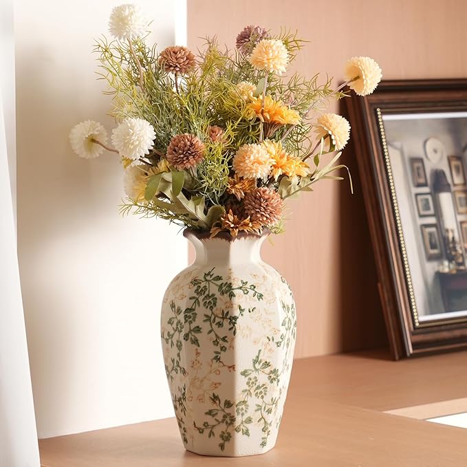 Vintage Ceramic Vase - 9 Inch Hand-Painted Flowers with Ice Crackle Glaze Finish, American Farmhouse Style Pitcher Vase for Home Decor, Centerpiece, Shelf, Table, Office