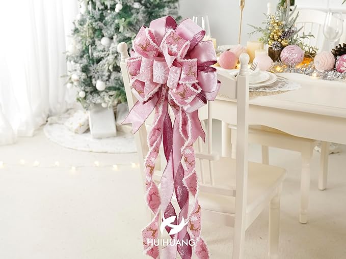 HUIHUANG Pink Christmas Tree Topper Bow 13 inch x 45 inch Large Christmas Bows Pink and White Snowflake Velvet Bows for Christmas Tree Ornament, Wreaths, Staircase, Mantel, Home Decor
