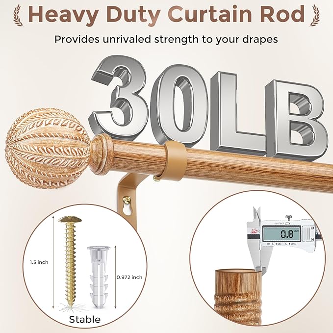 2 Pack Wood Curtain Rod for Windows 28 to 48 Inch, 1'' Diameter Adjustable Heavy Duty Rustic Farmhouse Drapery Rods with Boho Imitation Wooden Grain Decorative Finials, Size: 28''-45'' – Light Wood