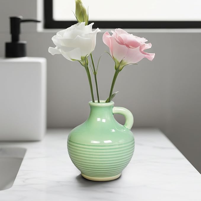 Sunddo Green Ceramic Vase 6 Inch - Small Modern Decorative Vase with 1 Handle for Home Decor, Boho Decor, Room, Bathroom, Living Room, Kitchen, Office