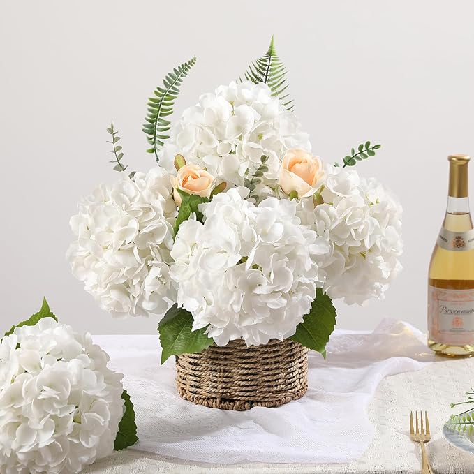 JUSTOYOU 3 Pcs Real Touch Hydrangea Artificial Flowers 22.8" Lifelike Latex White Hydrangeas Fake Hydrangeas for Home Decor Party Wedding Bouquets Table Centerpieces Floral Arrangements Indoor Decor
