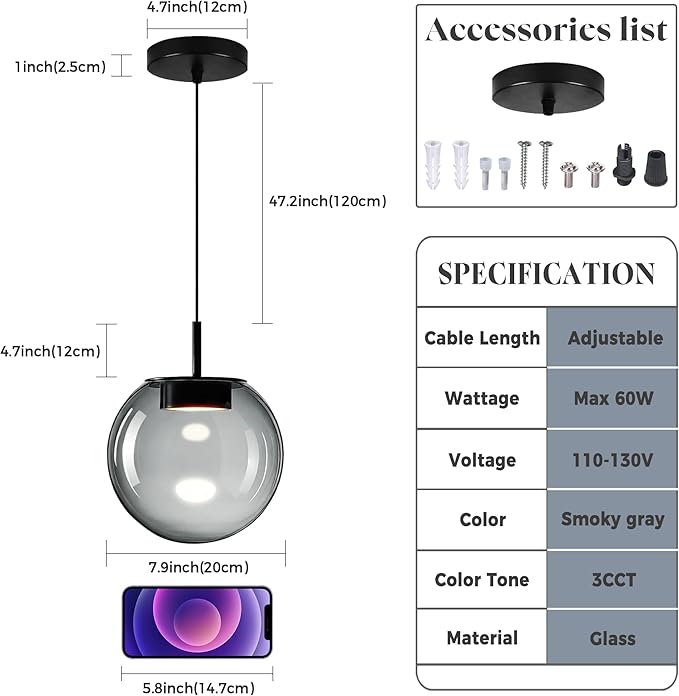 Advanced 3CCT Smoke Glass Pendant Light, Built-in LED Panel for Ultra-Even, Glare-Free Lighting, Modern Design and Stylist Fixture for Kitchen Island, Dining Table and Bedside(7.9in, 2-Pack)