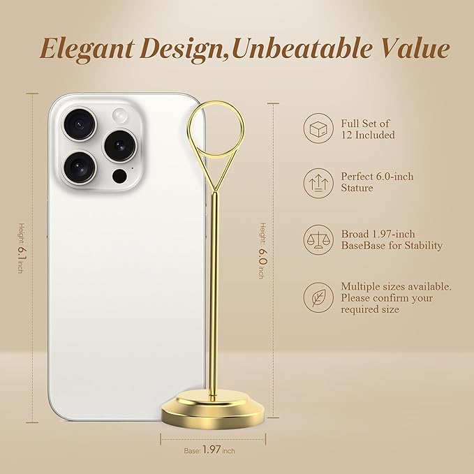 12 Pcs Gold Table Number Holders, 6 Inch Tall Place Card Holders for Table, Sturdy Photo Picture Holders with Anti-Tip Base for Wedding Reception, Party, and Event Centerpiece