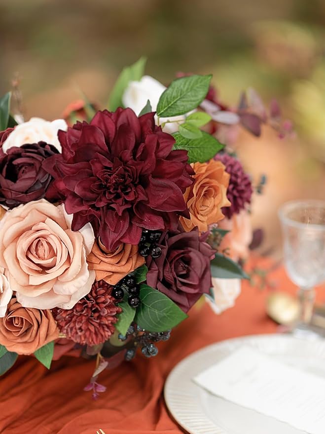 Roses Artificial Flowers Burgundy Bouquet Fake Flower with Stems for DIY Bridal Wedding Shower Decorations Party Table Centerpieces Faux Silk Floral Arrangement for Home Decor Indoor Orange