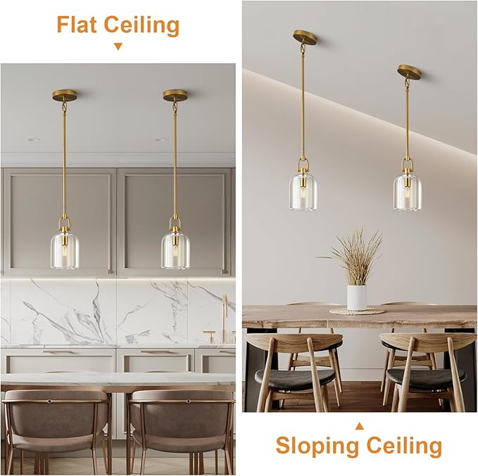 Brass Pendant Light Fixtures, Gold Pendant Light, Indoor Pendant Light for Kitchen Island Dining Room Living Room Bedroom Bathroom, E12 Bulb Included
