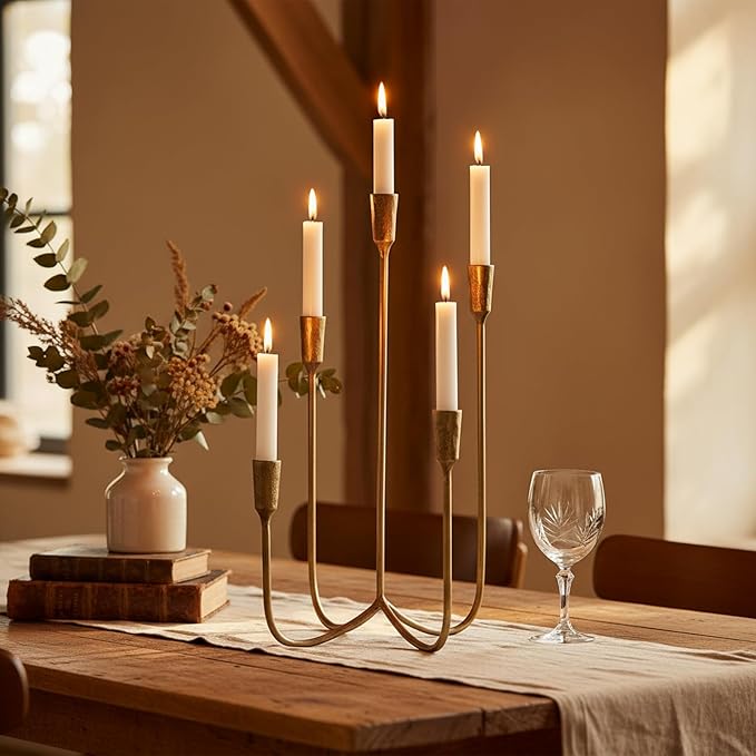 Candelabra for 5 Taper Candles – Hand-Forged Candle Holder with Elegant Vintage Finish – Decorative Centerpiece for Dining Room, Living Room or Mantel Decor（Brass Color-Straight）