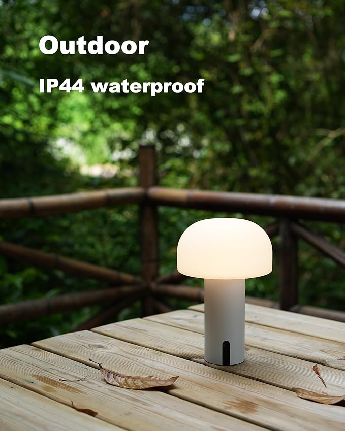 Outdoor Mushroom Table Lamp Rechargeable, Cordless Lamps for Patio Waterproof, Portable Battery Operated Lamp with USB Charging, Touch Dimming Night Light for Home/Porch/Restaurant (White)