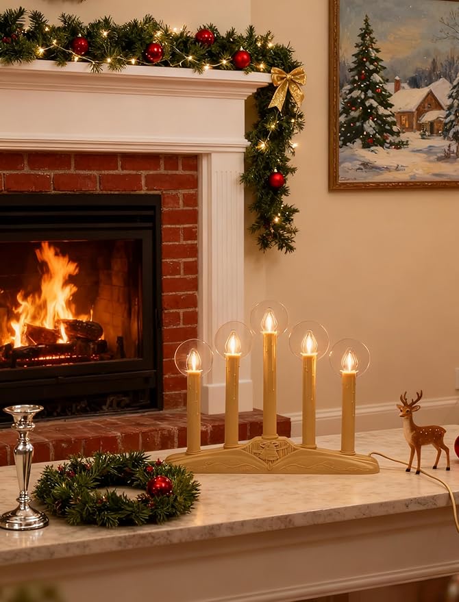5-Light Christmas Window Candle Lights, Electric Plug-in Candelabra Arch for Luminous Holiday Decorations - Traditional Indoor Windowsill Taper Candle Lamp, Flameless