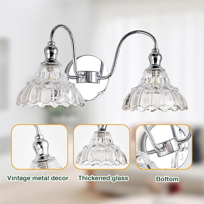 Chrome 2-Light Wall Sconces Bathroom Vanity Light Light Fixtures Modern Vanity Lighting Fixtures Wall Light for Bedroom Living Room Bathroom