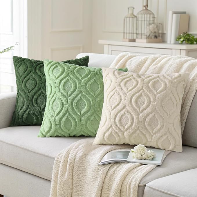 decorUhome Throw Pillow Covers 20x20 Inch Set of 2, Soft Plush Faux Wool Light Sage Green Solid Couch Pillow Covers, Accent Farmhouse Neutral Square Pillow Cases for Sofa Bed Living Room